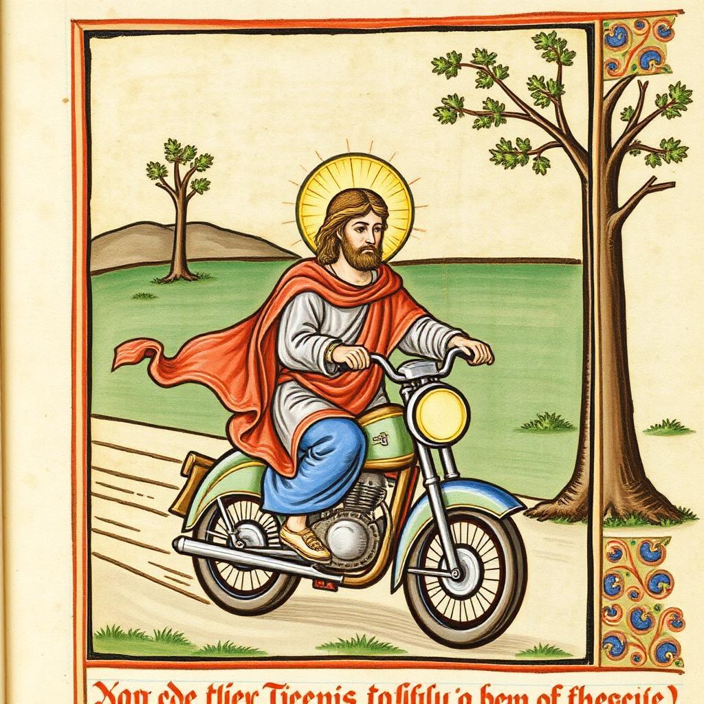 Image with seed 298480901 generated via Stable Diffusion through @stablehorde@sigmoid.social. Prompt: Jesus Christ on a motorbike, 14th century manuscript illumination