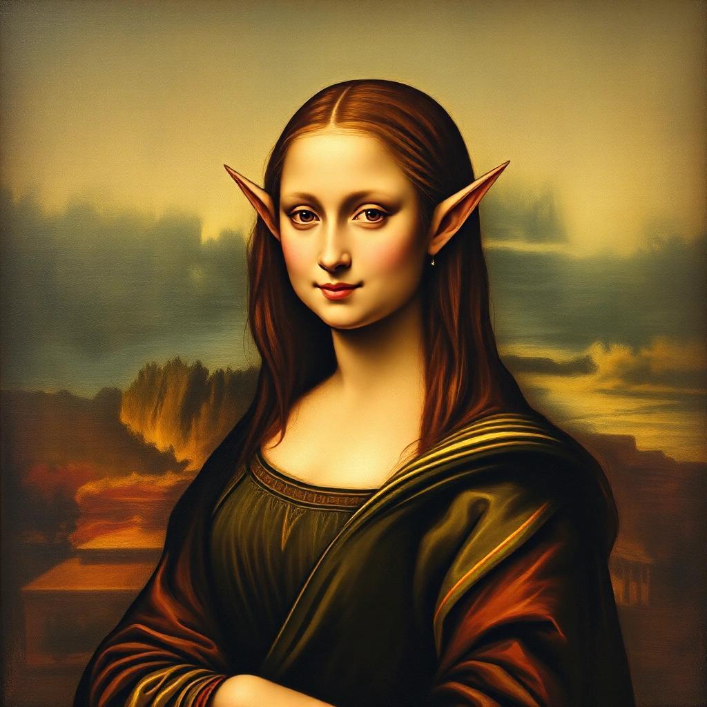 Image with seed 1583931288 generated via Stable Diffusion through @stablehorde@sigmoid.social. Prompt: High Elf Mona Lisa with long pointy ears