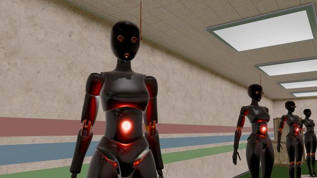 A robot is looking down to us, an intimidating red light glows in they belly. In a room with homogeneous bright light and concrete walls.

In the background more robots in a row.