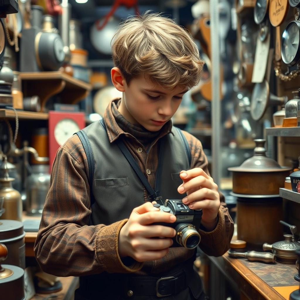 Image with seed 3816602114 generated via Stable Diffusion through @stablehorde@sigmoid.social. Prompt: a picture of a boy in his early twenties dressed in steam punk clothing finding an old camera in a shop full of things from around 1950. The shop is small and crowded with objects.