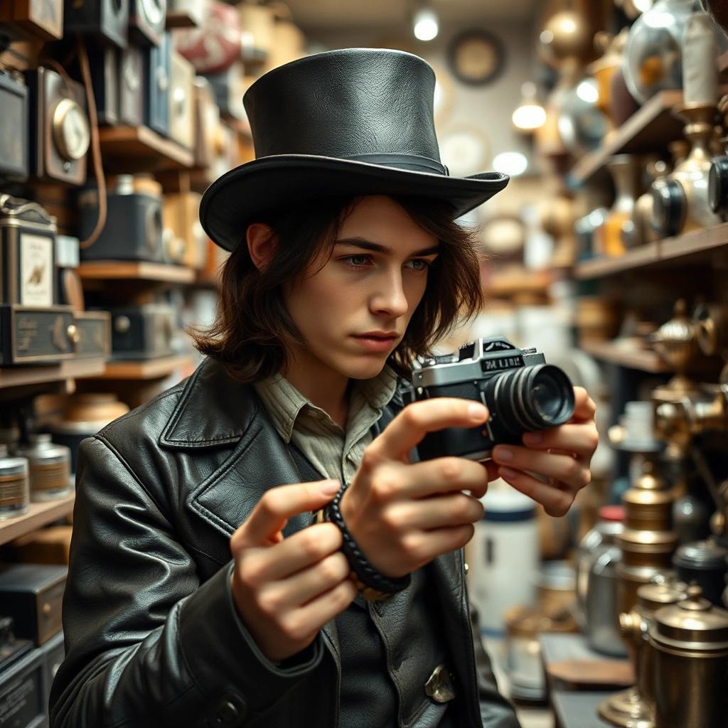 Image with seed 875616248 generated via Stable Diffusion through @stablehorde@sigmoid.social. Prompt: a young man in his early twenties with shoulderlong dark hair dressed in a leather top hat and clasical steam punk clothing finding an old camera in a shop full of things from the 1950a and 1960s. The shop is small and crowded with objects.