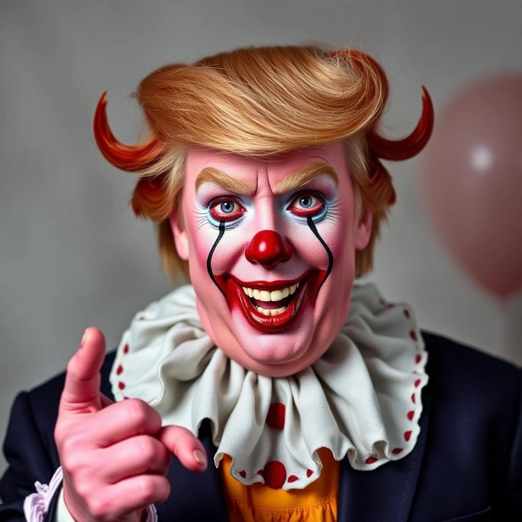 Image with seed 1584668522 generated via Stable Diffusion through @stablehorde@sigmoid.social. Prompt: Donald Trump Horror Clown not funny at all