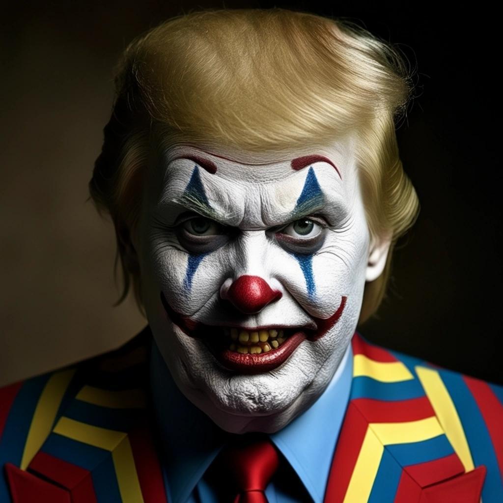 Image with seed 1732395776 generated via Stable Diffusion through @stablehorde@sigmoid.social. Prompt: Donald Trump Horror Clown not funny at all 