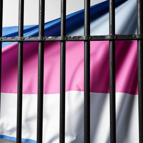 Image with seed 3630425542 generated via Stable Diffusion through @stablehorde@sigmoid.social. Prompt: a transgender flag behind prison bars