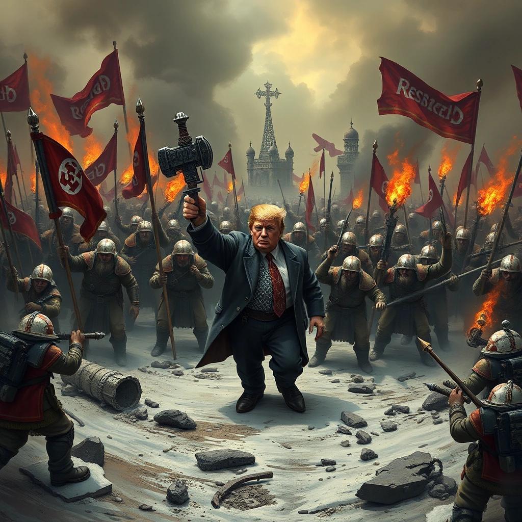 Image with seed 2094576369 generated via Stable Diffusion through @stablehorde@sigmoid.social. Prompt: Trump's Thousand Years Reich. Use Warhammer aesthetics.
