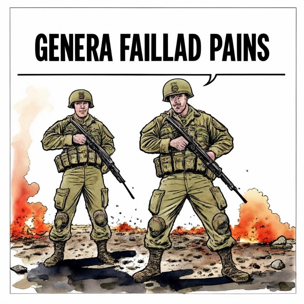 Image with seed 687631306 generated via Stable Diffusion through @stablehorde@sigmoid.social. Prompt: comic book cover, General Failure and Major Butt-Pain, silly soldiers, military comedy, watercolour on black ink drawing 