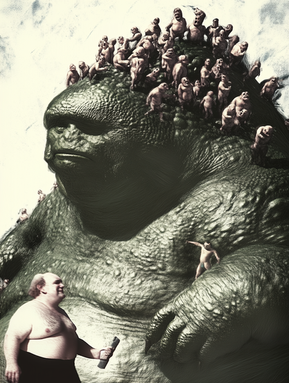 This surreal artwork depicts a giant, textured creature with numerous small naked figures climbing and standing on its head and shoulders. In the foreground, a larger human figure with a bare chest holds what appears to be a bottle or container. The image has a dark, dystopian quality with strong contrasts between the massive creature and the smaller figures, suggesting themes of power, control, or societal commentary.