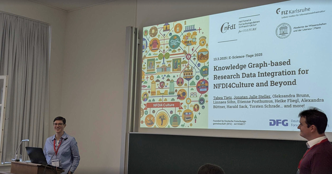 Tabea Tietz in front of the audience starting her talk on Knowledge Graph-based Research Data Integration for NFDI4Culture and Beyond. The opening slide of her talk is displayed on the large screen. On the right end of the picture probably the session chair is just announcing Tabea's talk. 