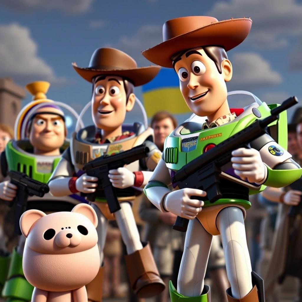 Image with seed 187307236 generated via Stable Diffusion through @stablehorde@sigmoid.social. Prompt: the characters of Toy Story preparing for war in Ukraine.