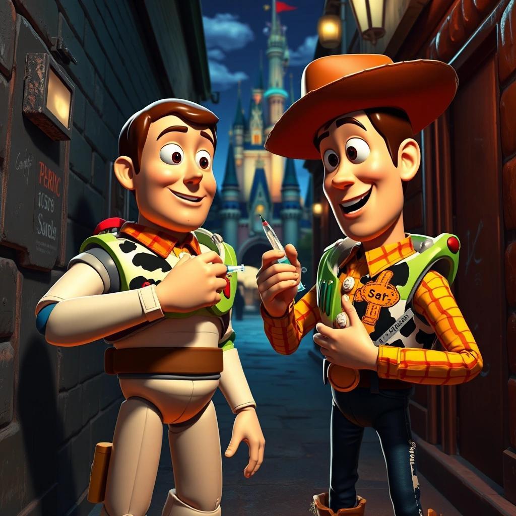 Image with seed 132185994 generated via Stable Diffusion through @stablehorde@sigmoid.social. Prompt: the characters of Toy Story injecting heroin into their arms in a back alley behind Disney World.