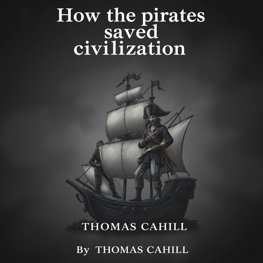 Image with seed 1708641166 generated via Stable Diffusion through @stablehorde@sigmoid.social. Prompt: a book cover in moody grays and low saturation with the title "How the pirates saved civilization" Anime steampunk pirates. At the bottom of the book is "By THOMAS CAHILL"