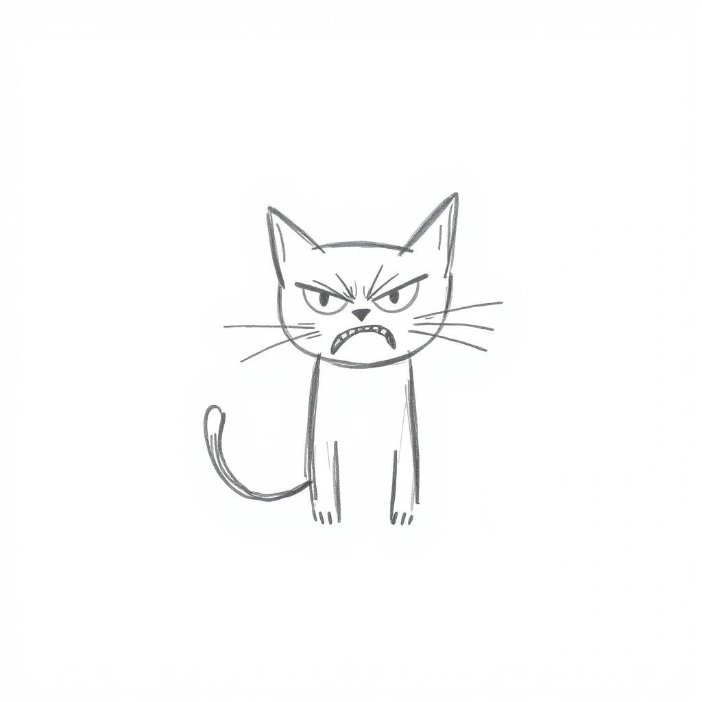 Image with seed 2510972824 generated via Stable Diffusion through @stablehorde@sigmoid.social. Prompt: Abstract, simple doodle of an angry cat on a white background, drawn with pencil and brush strokes, scribbles, thick lines, in a scribble style, a simple drawing, a cartoon, doodle art, simple and messy.