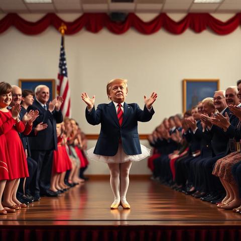 Image with seed 222023481 generated via Stable Diffusion through @stablehorde@sigmoid.social. Prompt: Trump as a toddler ballerina on a school stage while the audience is filled with Republican senators giving a standing ovation