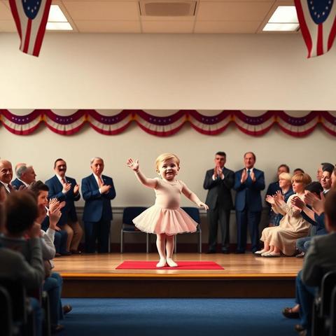Image with seed 222023481 generated via Stable Diffusion through @stablehorde@sigmoid.social. Prompt: Trump as a toddler ballerina on a school stage while the audience is filled with Republican senators giving a standing ovation