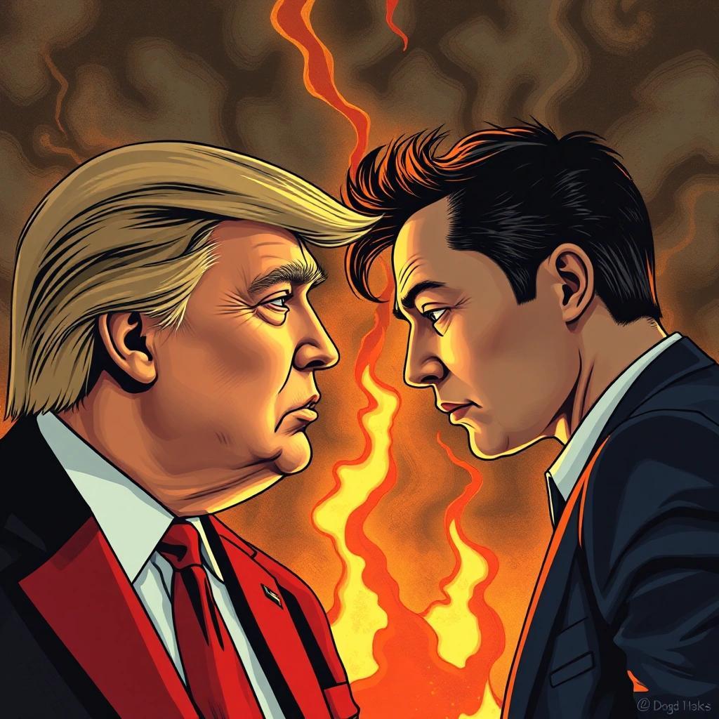 Image with seed 4059513473 generated via Stable Diffusion through @stablehorde@sigmoid.social. Prompt: Donald Trump and Elon Musk confronting the horrors of what they&#39;ve become.