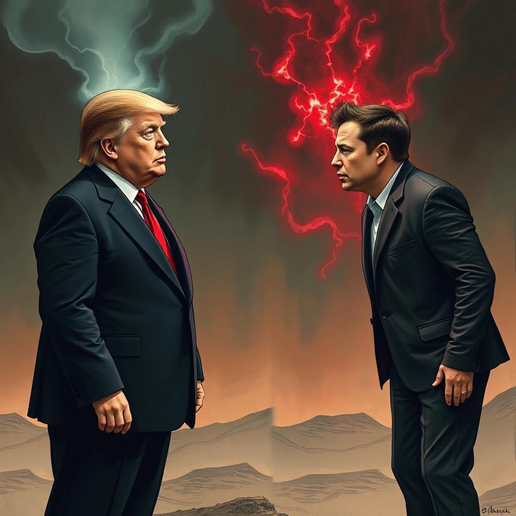 Image with seed 4059513473 generated via Stable Diffusion through @stablehorde@sigmoid.social. Prompt: Donald Trump and Elon Musk confronting the horrors of what they&#39;ve become.