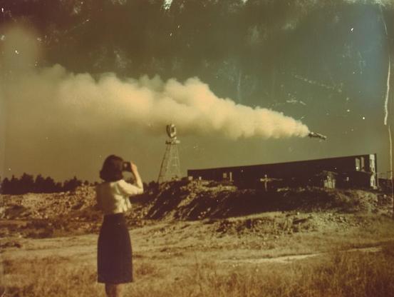 A woman watches a rocket launch with a plume of smoke in a vintage sepia-toned photograph.