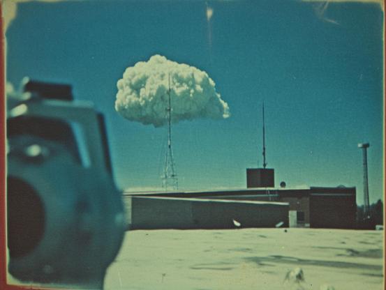 Cloud above a metal tower with a blue sky and building in the foreground.