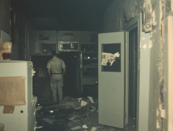 A person stands in a dimly lit, cluttered room with damaged equipment and scattered debris.