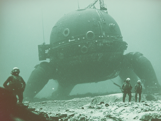 Underwater scene with a dome-shaped structure and three divers.