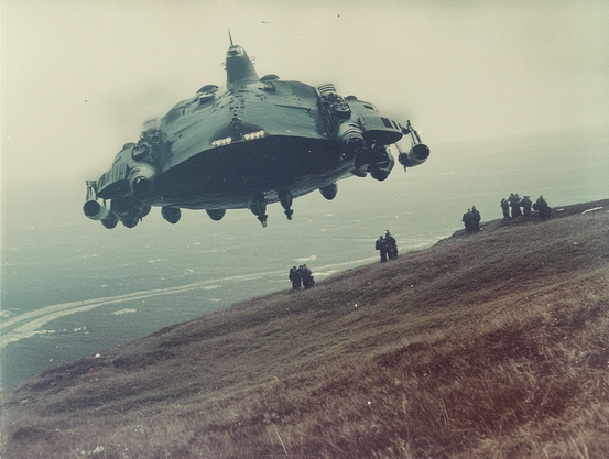 Futuristic aircraft hovering over a grassy hillside with people observing.