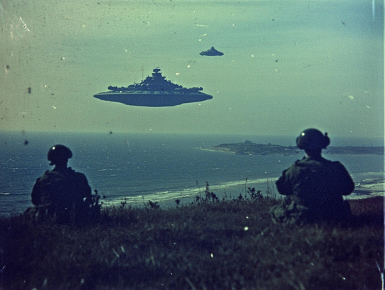 Two silhouetted figures on a hill overlooking the ocean with two flying spaceship-like objects in the sky.