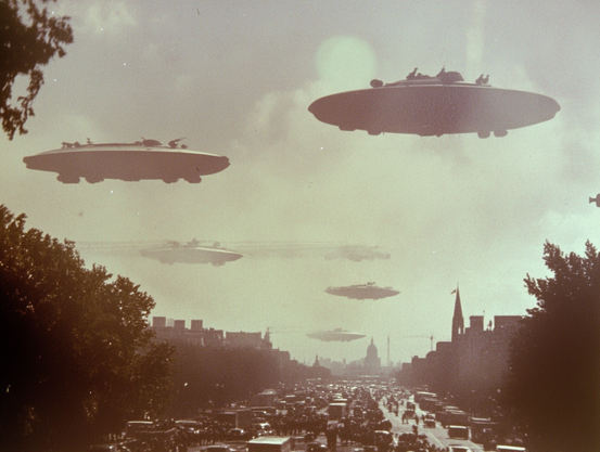 Multiple UFOs hover over a city in a sepia-toned scene with busy streets and prominent buildings.