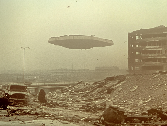 A saucer-shaped object hovers above a desolate, rubble-strewn urban landscape with a damaged building and vehicle.