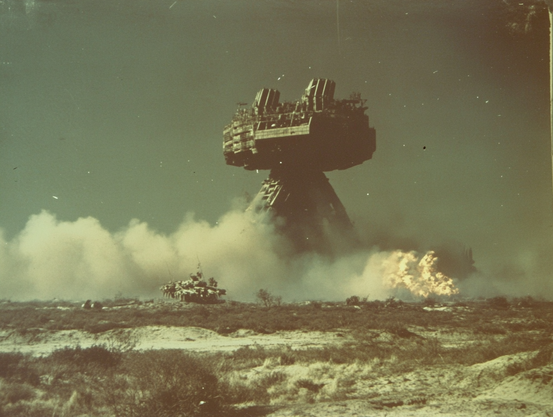 Large mechanical structure in a smoky desert landscape with flames.