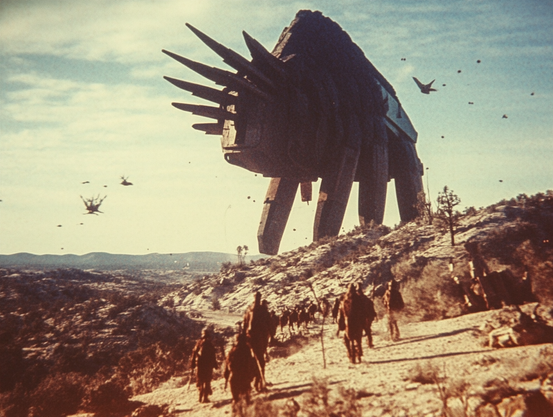 A large mechanical structure with spikes hovers over a desert landscape with people walking below.