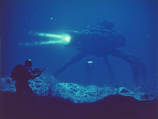 A human figure with a rifle faces a large, illuminated alien-like machine in a blue-tinted setting.