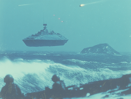 Futuristic hovering ship over rough ocean waves with glowing objects in the sky.