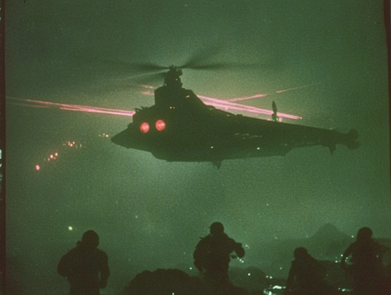 A helicopter with red lights hovers over silhouetted figures against a green and dark background.
