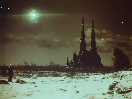Desolate landscape with snow, a dark gothic structure with spires, and a bright orb in the sky.
