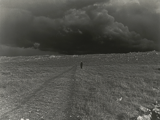 A person stands alone on a grassy field under a dark, cloud-filled sky.