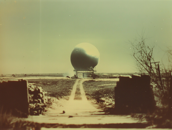 A large spherical structure at the end of a dirt path, framed by two walls.