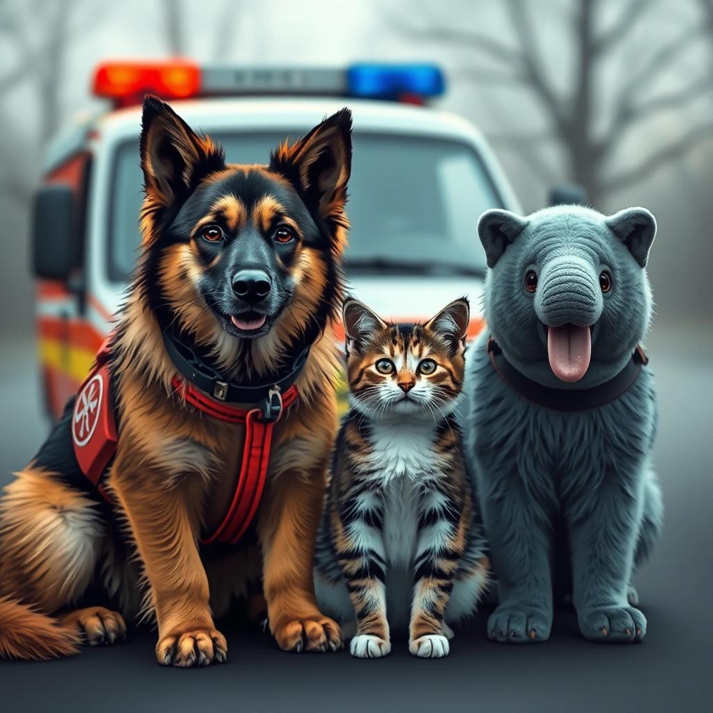 Image with seed 339732411 generated via Stable Diffusion through @stablehorde@sigmoid.social. Prompt: hund katze maus elefant feuerwehrauto versicherungsvertreter hurz #elektrodada
