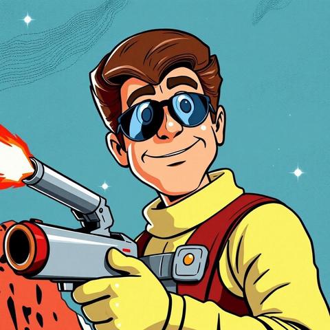 Image with seed 2737871480 generated via Stable Diffusion through @stablehorde@sigmoid.social. Prompt: 1960s cartoon, Ronnie Raygun, science fiction space gunslinger, looks like Ronald Reagan