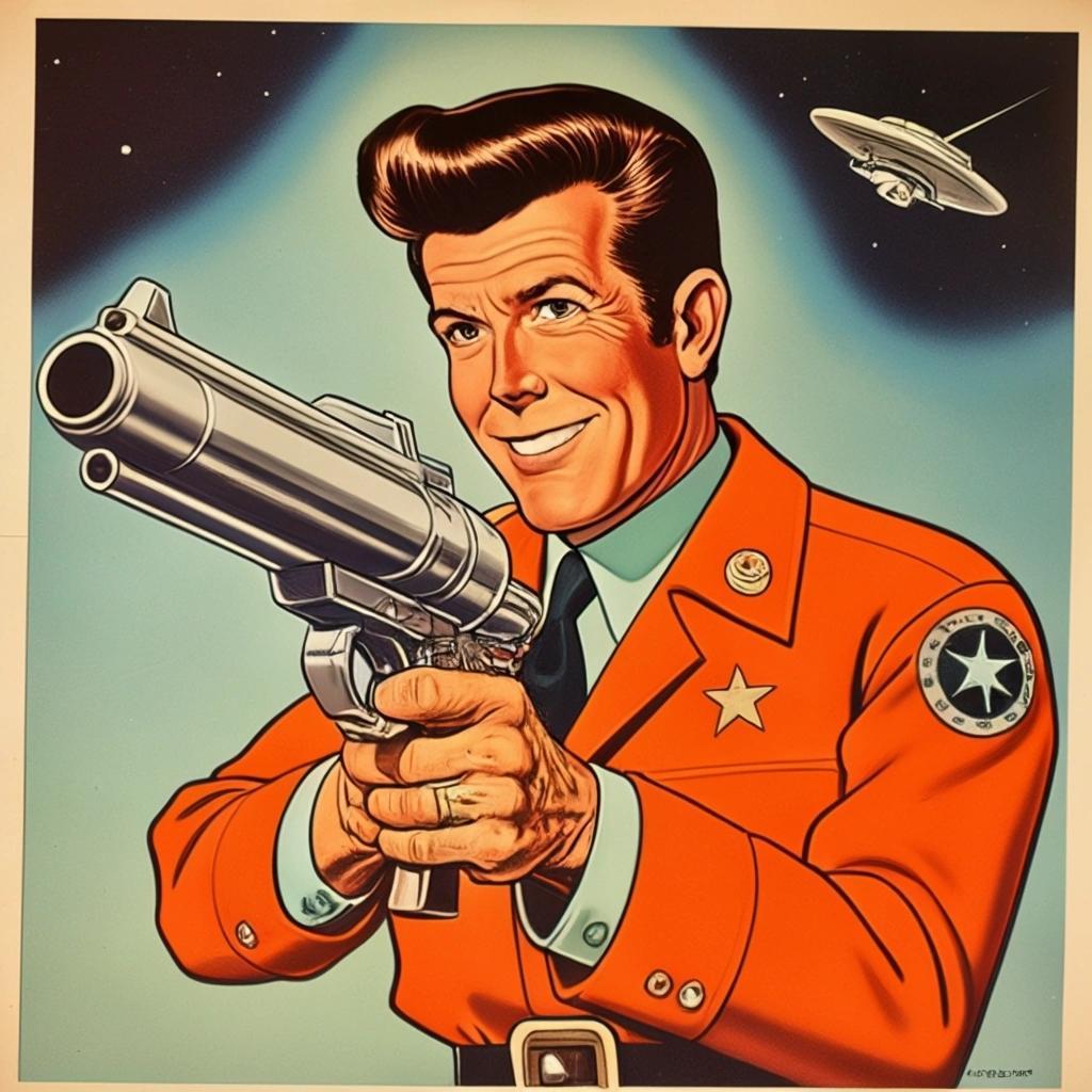 Image with seed 3821296058 generated via Stable Diffusion through @stablehorde@sigmoid.social. Prompt: 1960s cartoon, Ronnie Raygun, science fiction space gunslinger, looks like Ronald Reagan 