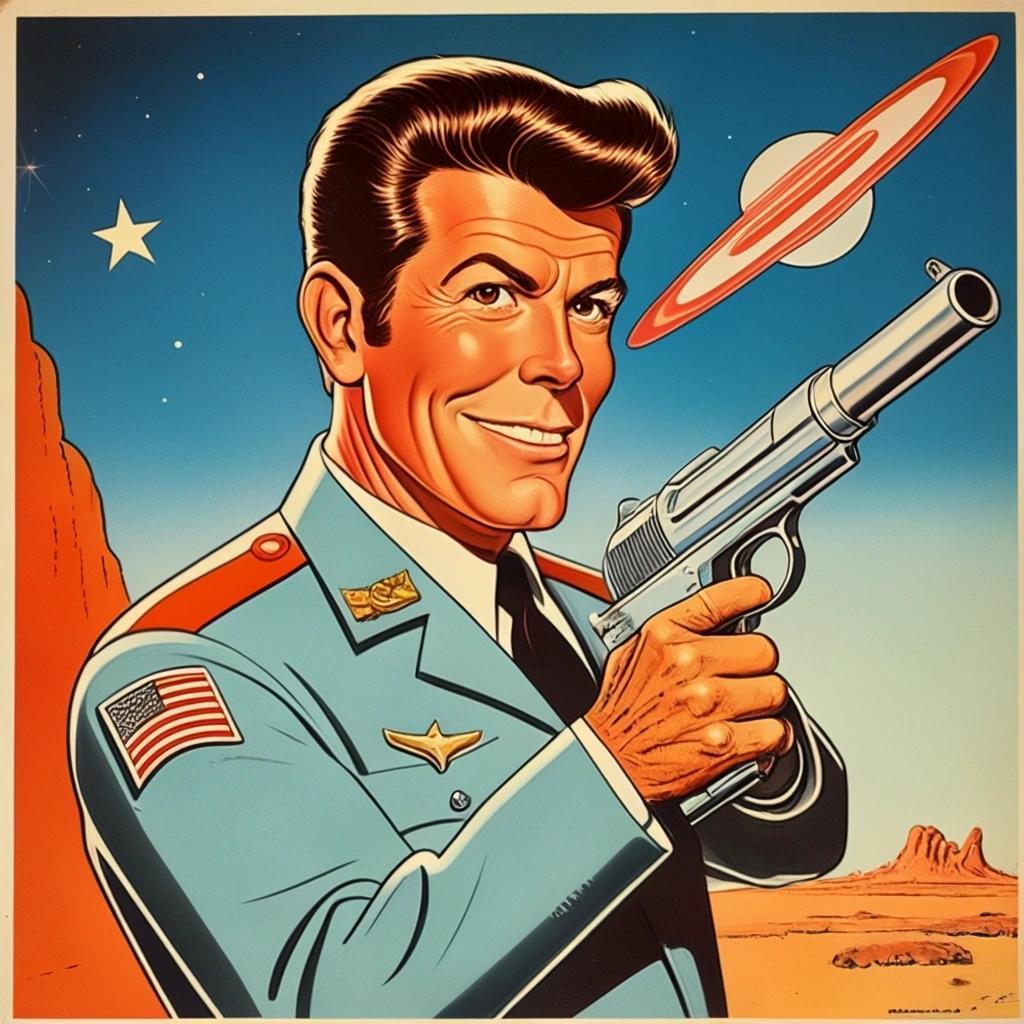 Image with seed 3821296058 generated via Stable Diffusion through @stablehorde@sigmoid.social. Prompt: 1960s cartoon, Ronnie Raygun, science fiction space gunslinger, looks like Ronald Reagan 