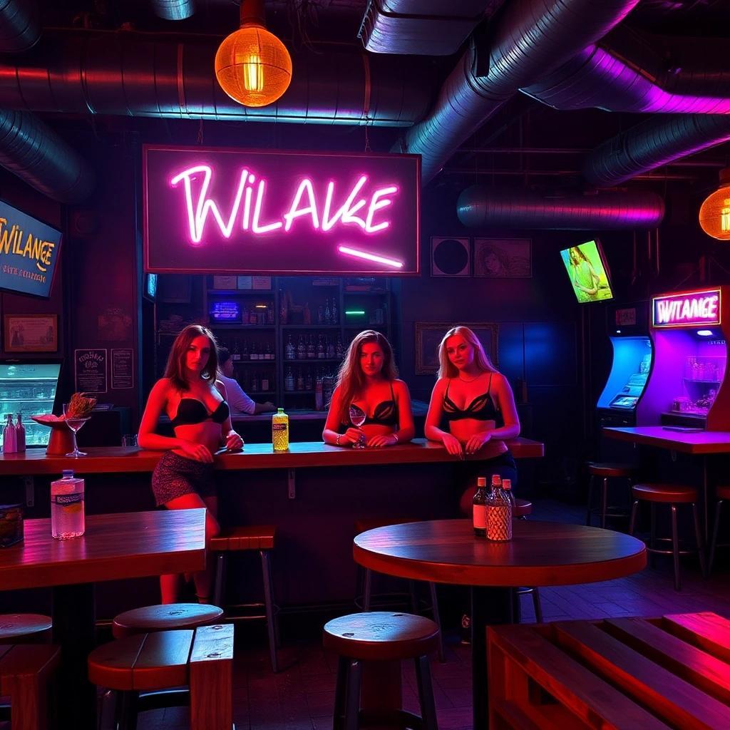 Image with seed 64473059 generated via Stable Diffusion through @stablehorde@sigmoid.social. Prompt: a Millennial barcade with busty goth waitresses and pallet furniture.