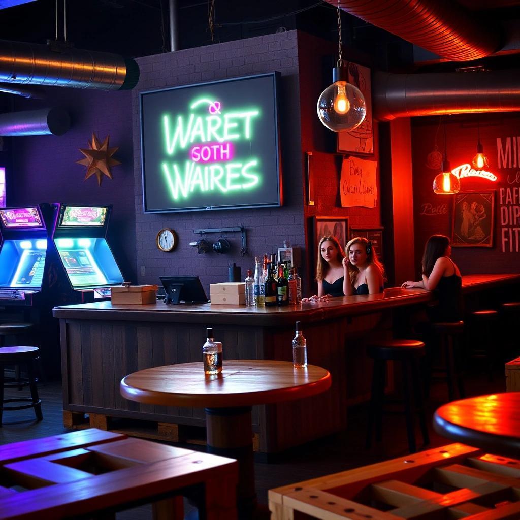 Image with seed 64473059 generated via Stable Diffusion through @stablehorde@sigmoid.social. Prompt: a Millennial barcade with busty goth waitresses and pallet furniture.