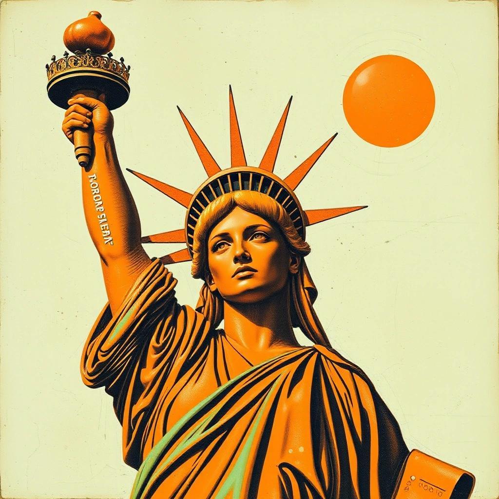 Image with seed 1978038286 generated via Stable Diffusion through @stablehorde@sigmoid.social. Prompt: The Orange Menace Against Liberty Herself, mixed media dada surrealism silly weird whimsical punk