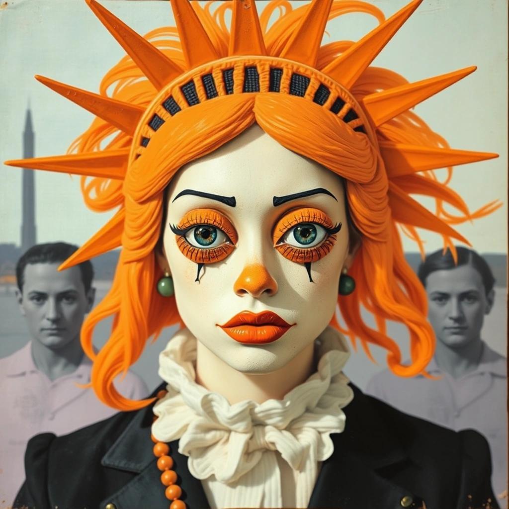 Image with seed 1978038286 generated via Stable Diffusion through @stablehorde@sigmoid.social. Prompt: The Orange Menace Against Liberty Herself, mixed media dada surrealism silly weird whimsical punk