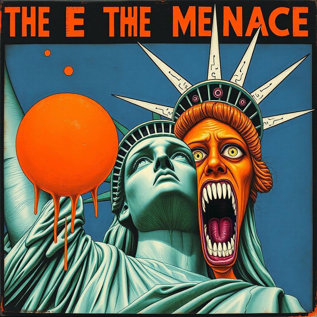 Image with seed 1709128014 generated via Stable Diffusion through @stablehorde@sigmoid.social. Prompt: The Orange Menace Threatens To Devour Liberty Herself, dystopian mixed media dada surrealism silly weird whimsical horror punk gothic
