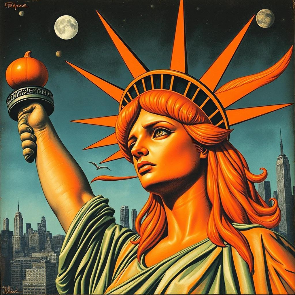 Image with seed 1709128014 generated via Stable Diffusion through @stablehorde@sigmoid.social. Prompt: The Orange Menace Threatens To Devour Liberty Herself, dystopian mixed media dada surrealism silly weird whimsical horror punk gothic