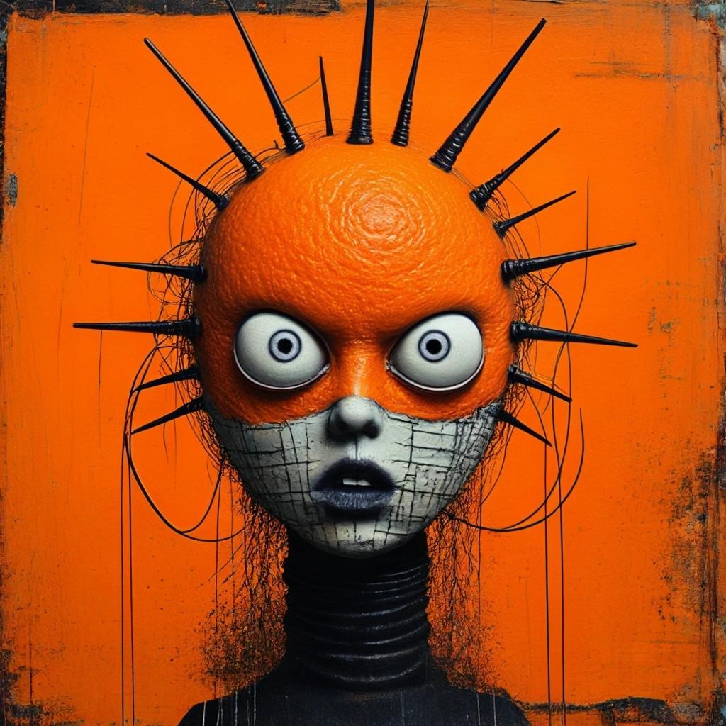 Image with seed 2839623287 generated via Stable Diffusion through @stablehorde@sigmoid.social. Prompt: The Orange Menace Threatens To Devour Liberty Herself, dystopian mixed media dada surrealism silly weird whimsical horror punk gothic 