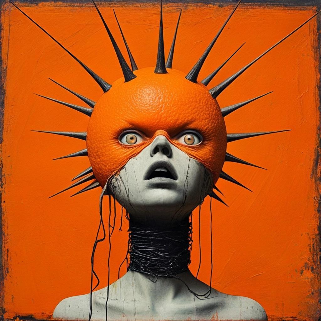 Image with seed 2839623287 generated via Stable Diffusion through @stablehorde@sigmoid.social. Prompt: The Orange Menace Threatens To Devour Liberty Herself, dystopian mixed media dada surrealism silly weird whimsical horror punk gothic 