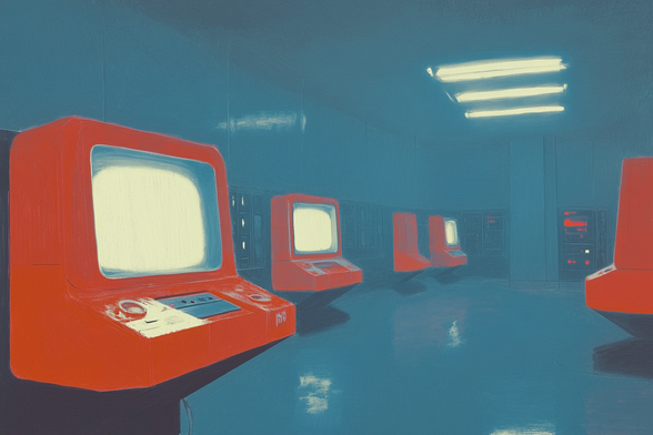 Retro-futuristic computer room with red terminals and teal walls.