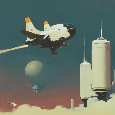 Futuristic scene with a small spacecraft flying past tall cylindrical structures and a large celestial body in the sky.